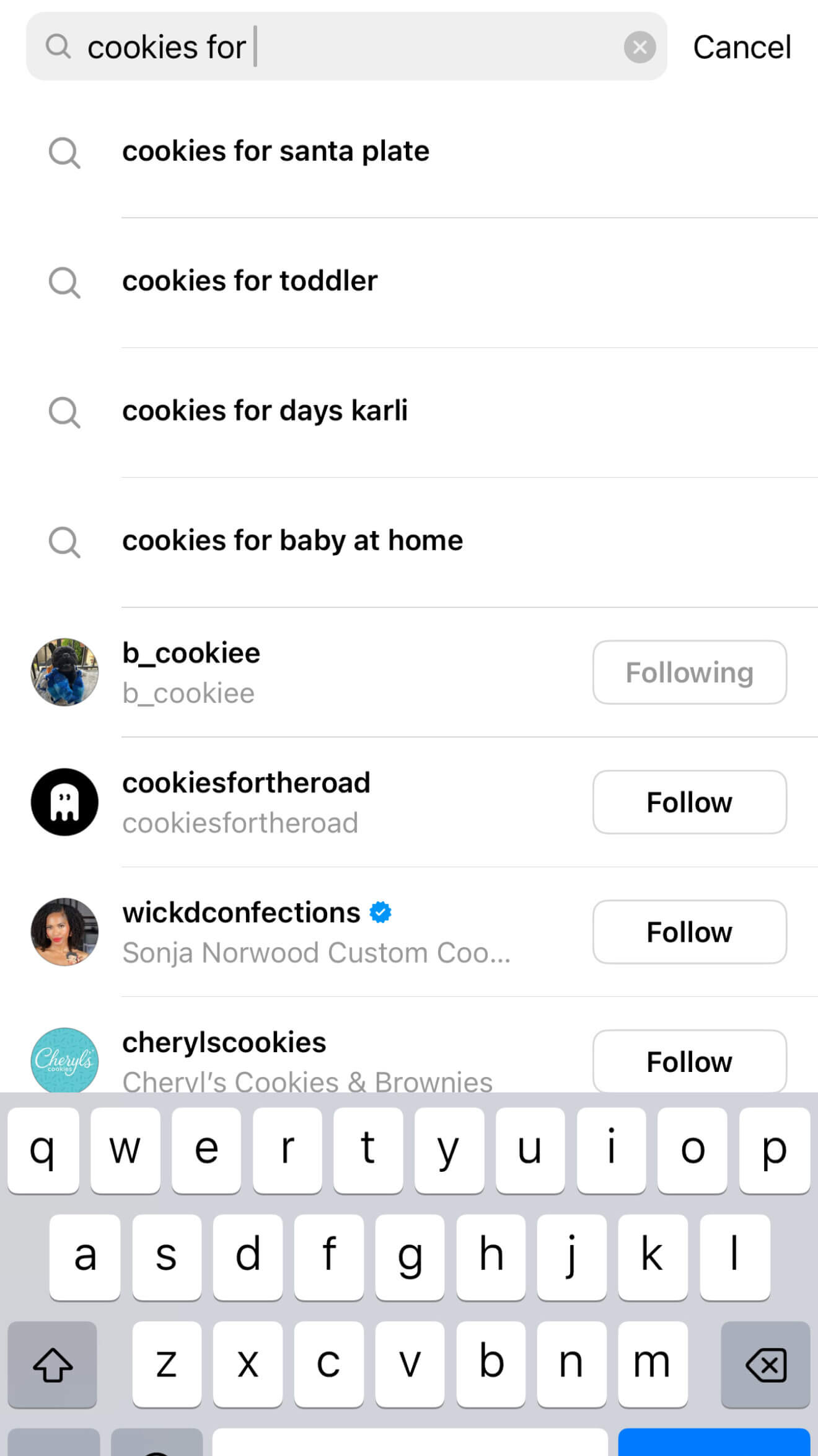 A Threads search shows suggestions for “cookies for santa plate” and “cookies for toddler.”