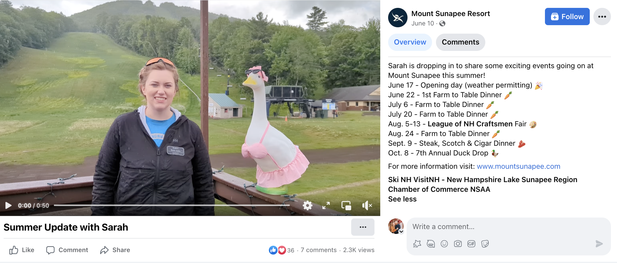 Sarah sharing about the brand on video, next to a goose with a bikini