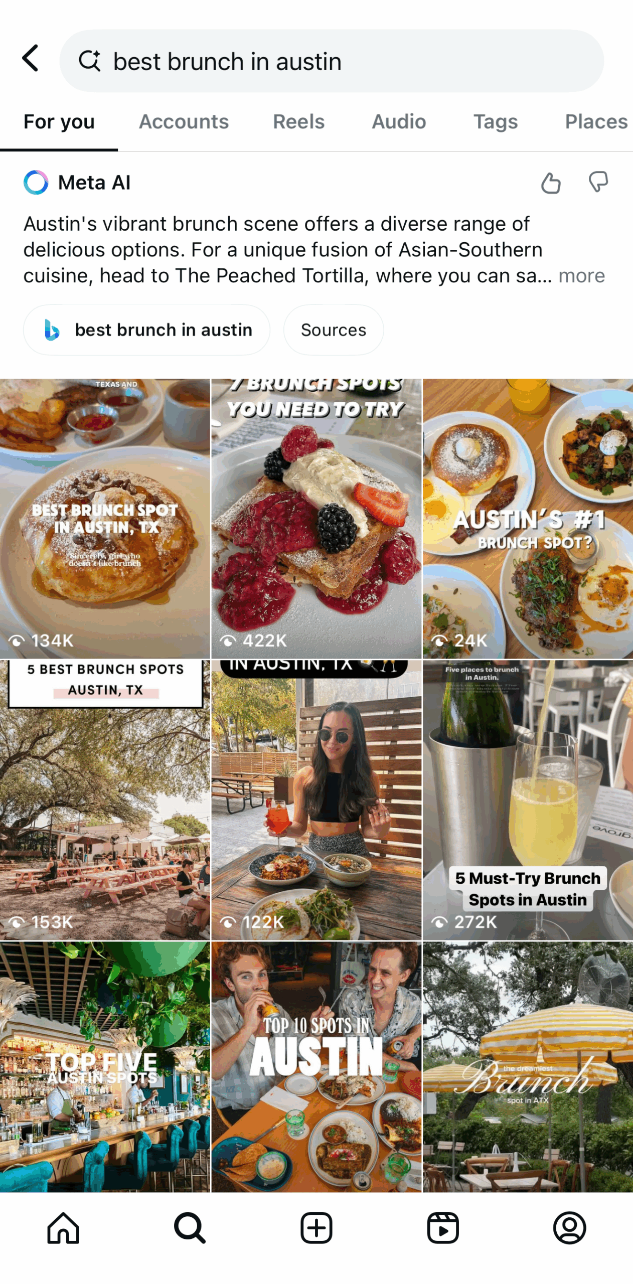 “best brunch in austin” IG search showing influencers and food