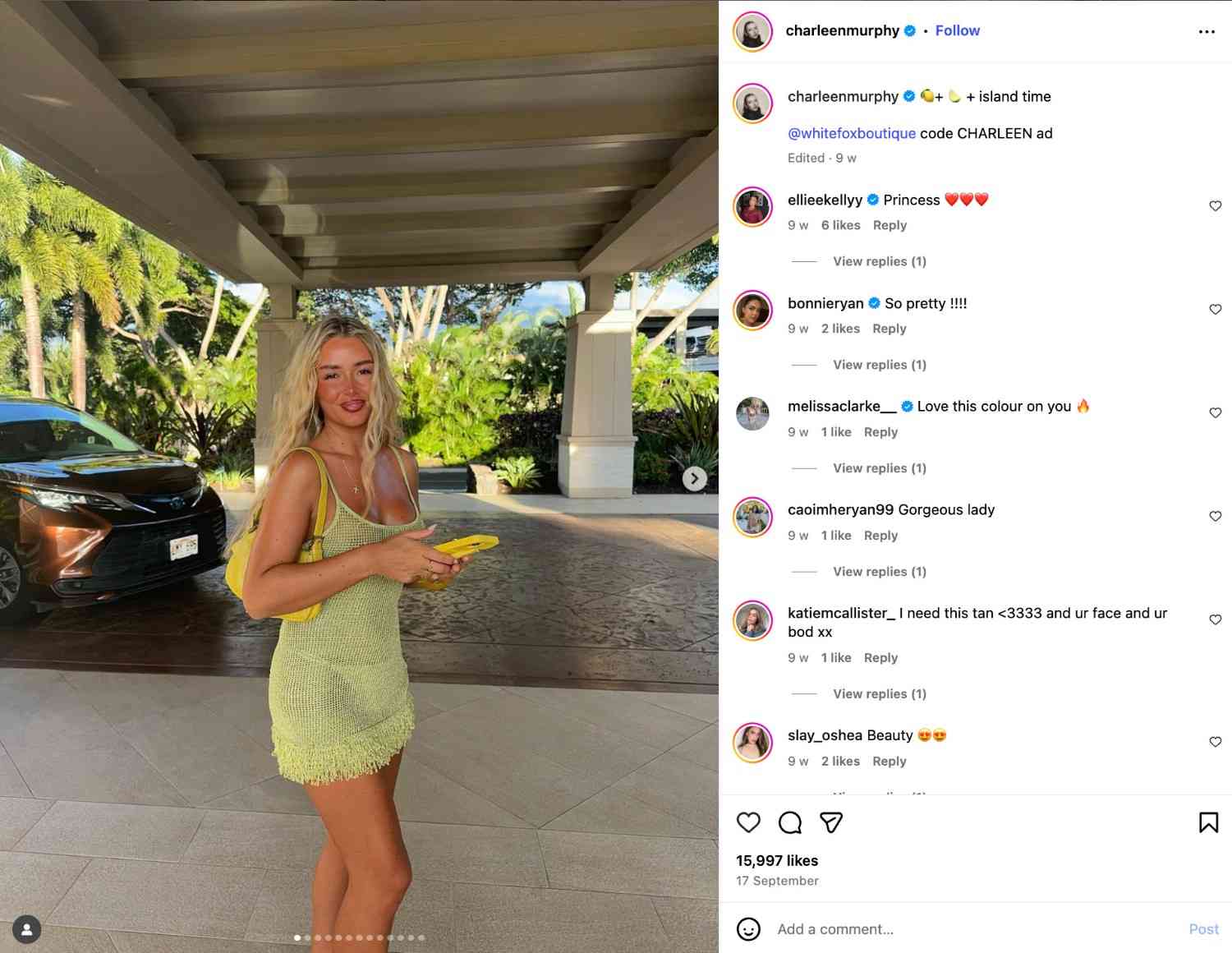 Charleen Murphy’s Instagram post shows her wearing a dress by White Fox Boutique, which she offers a discount code for
