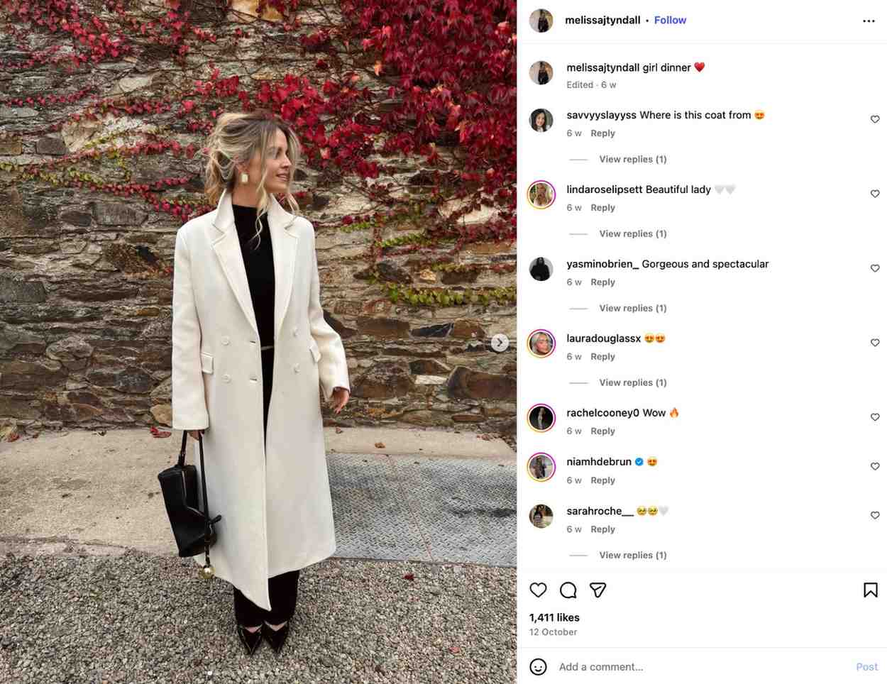 Melissa Tyndall’s Instagram post shows her posing in a cream coat as she gets ready to go to a girls’ dinner