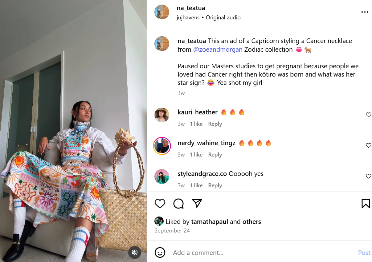 An Instagram post by New Zealand fashion influencer Natua, showing her posing with Zoe and Morgan jewellery