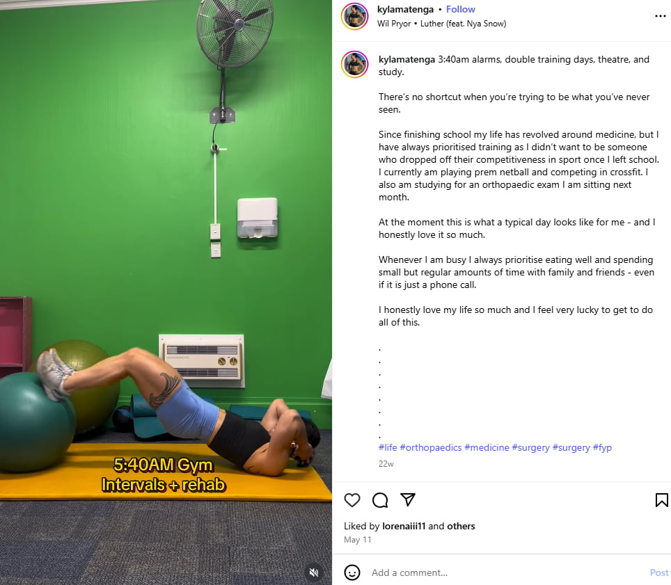 An Instagram post where New Zealand health and wellness influencer Kyla Matenga shares her gym routine