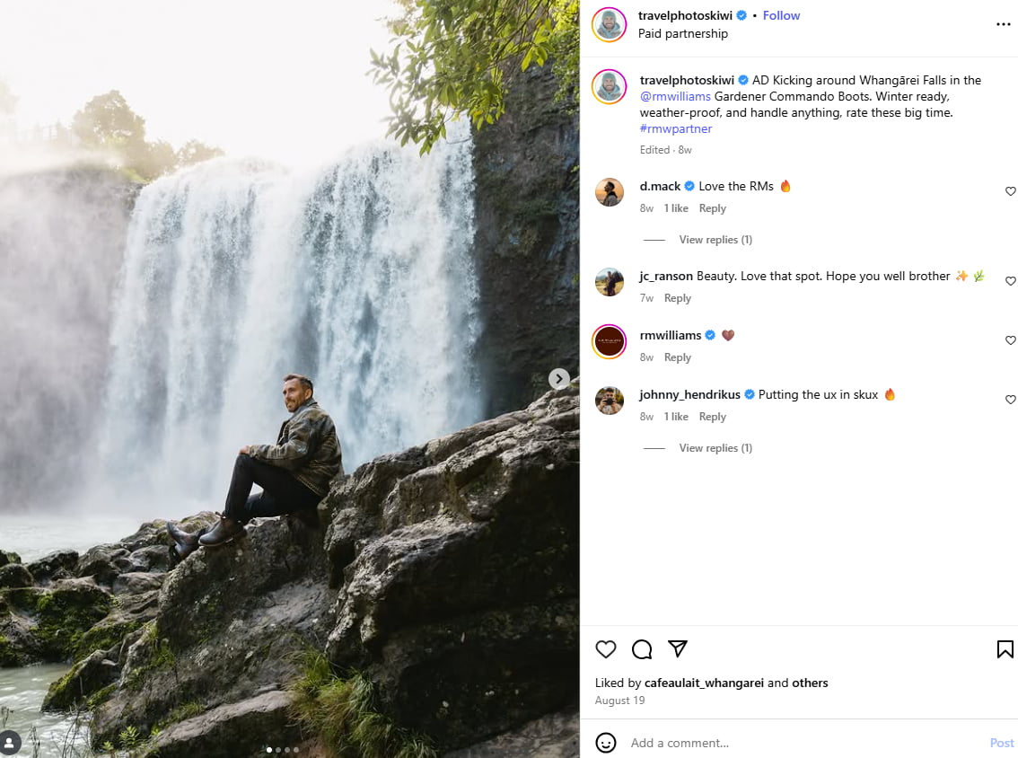 An Instagram post by NZ travel influencer Hamish Boyt posing in front of Whangārei Falls to promote R.M. Williams boots