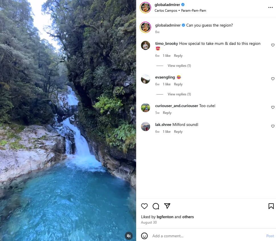 An Instagram post inviting followers to guess the region based on a photo of a waterfall