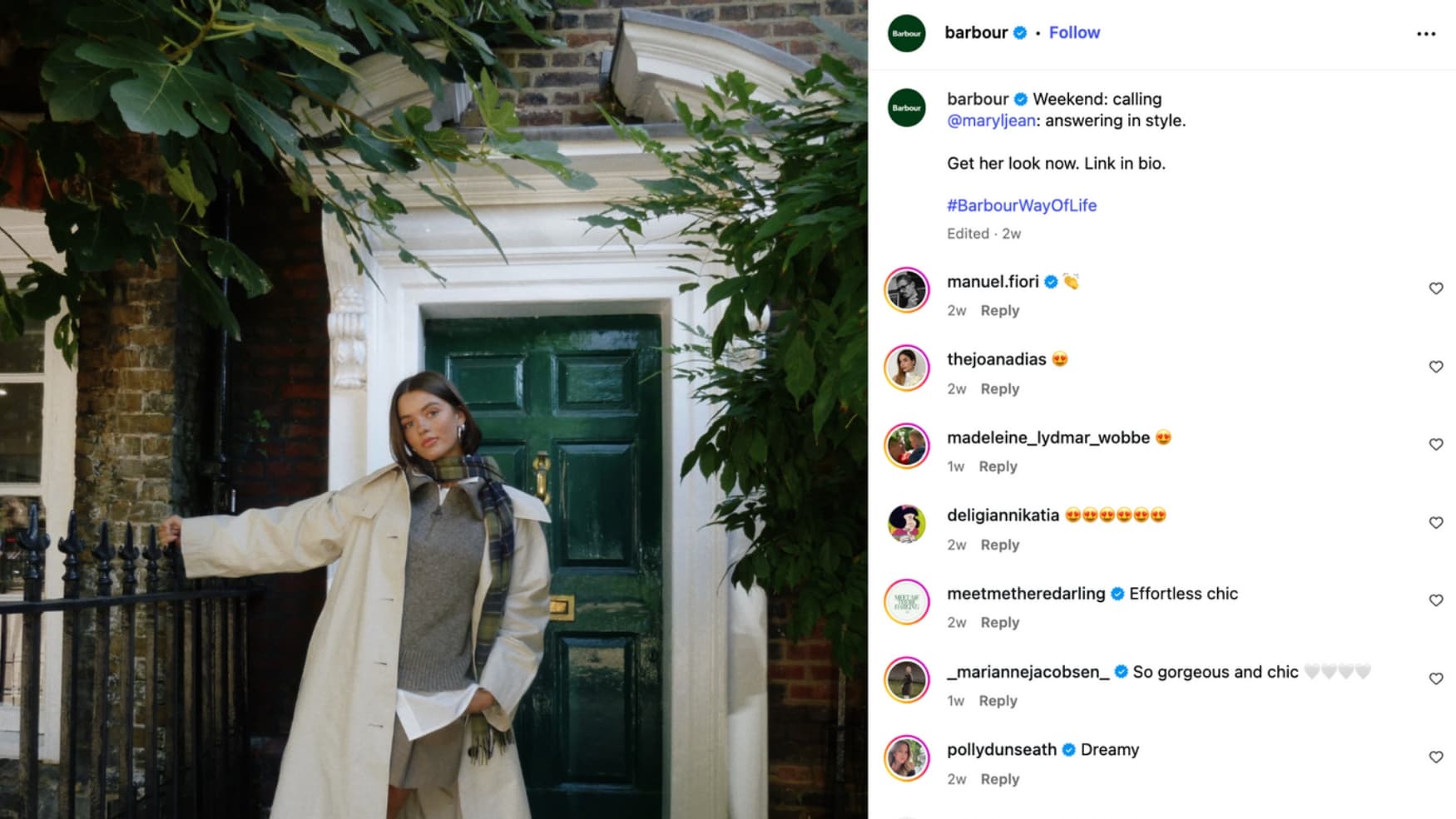 @maryljean poses in Barbour’s classic trench, showing how high-fashion creators bring modern luxury to heritage style