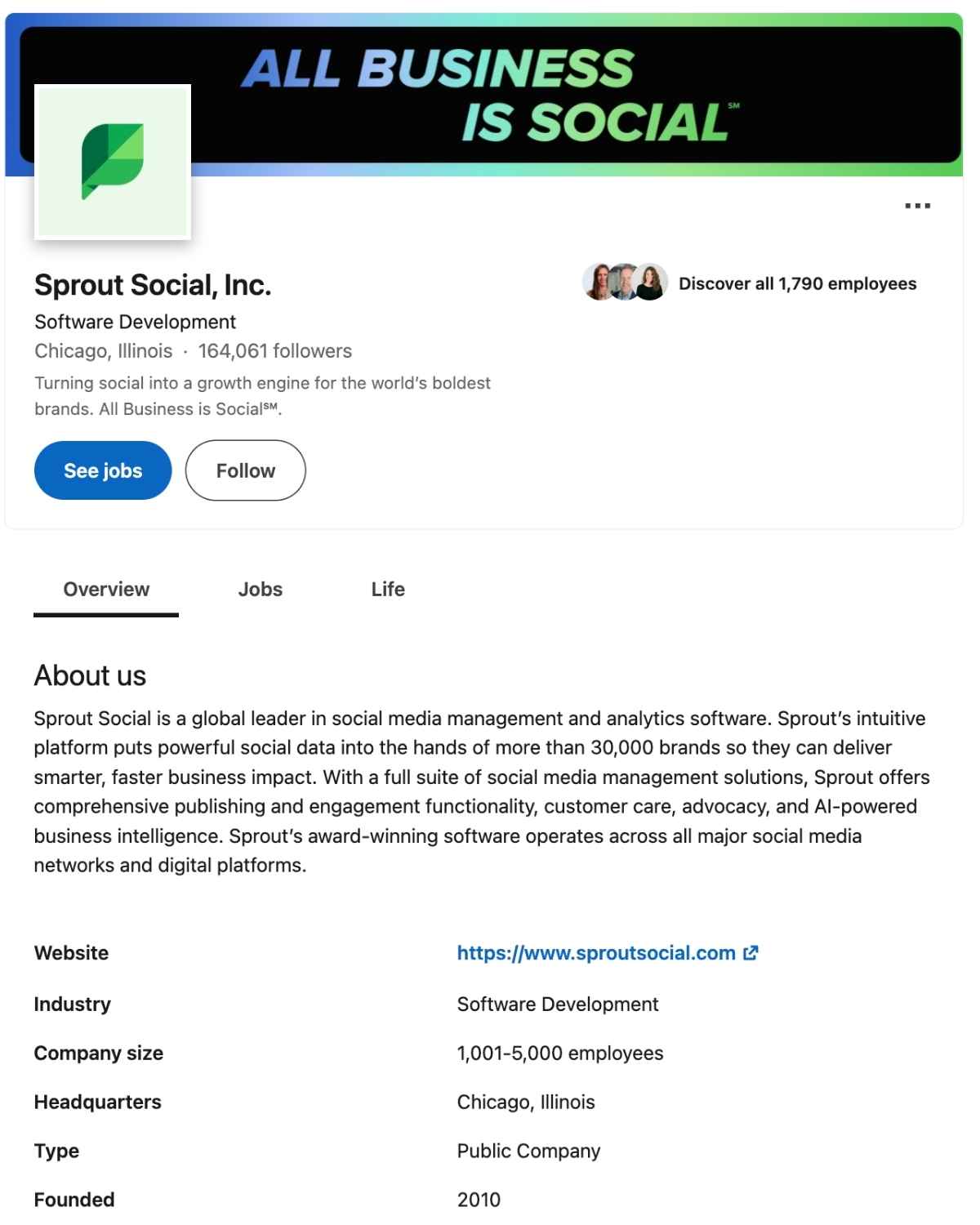 Sprout Social’s LinkedIn Company Page shows categories for About Us, Jobs and Life.