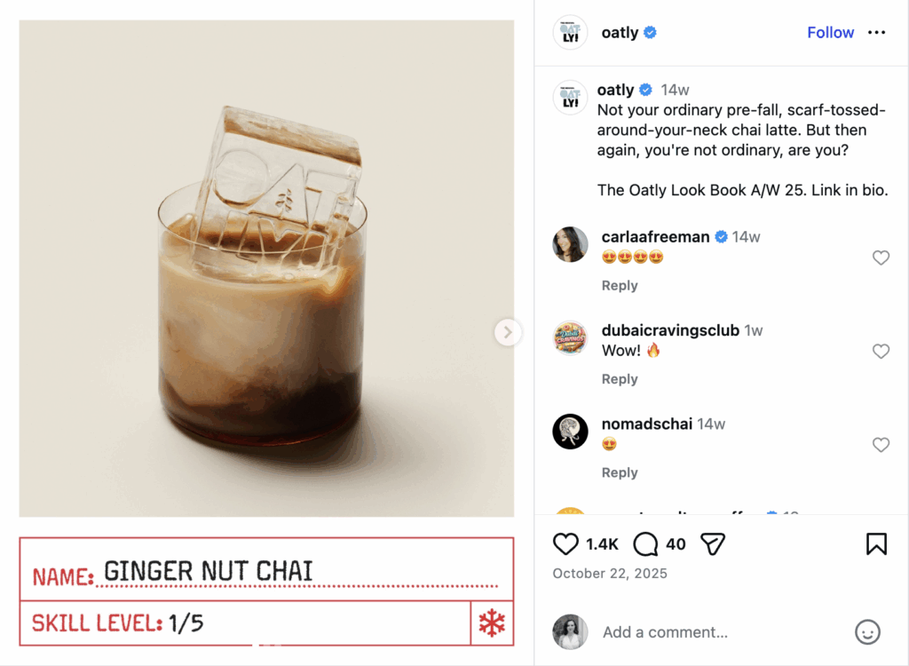 An example from the Oatly Look Book campaign, which features a ginger nut chai with an Oatly ice cube