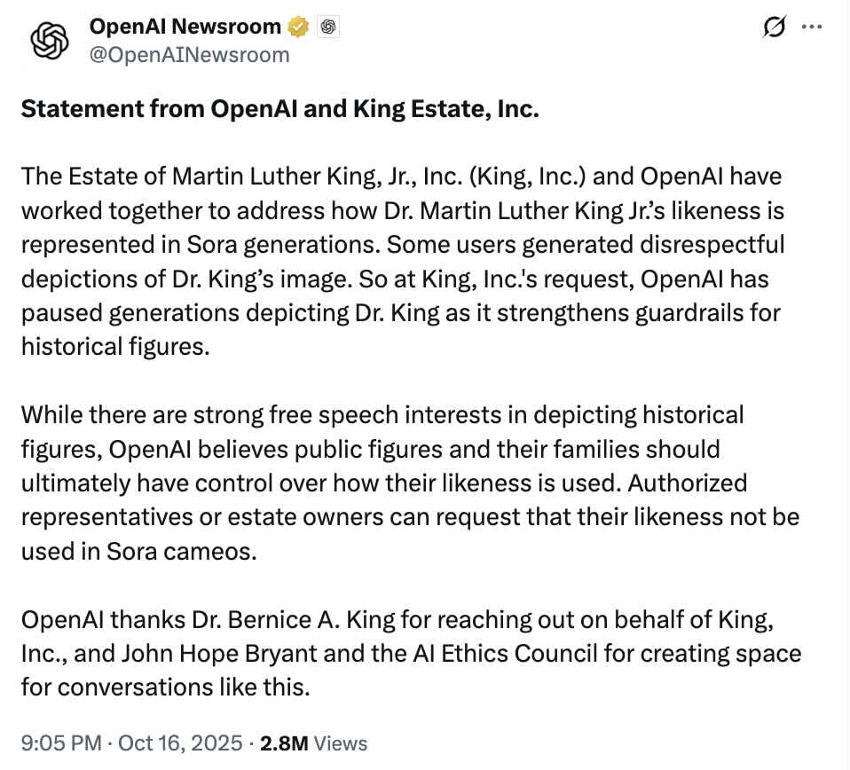 An X post from OpenAI explaining how they worked with the family of the late Dr. Martin Luther King Jr. to protect his likeness