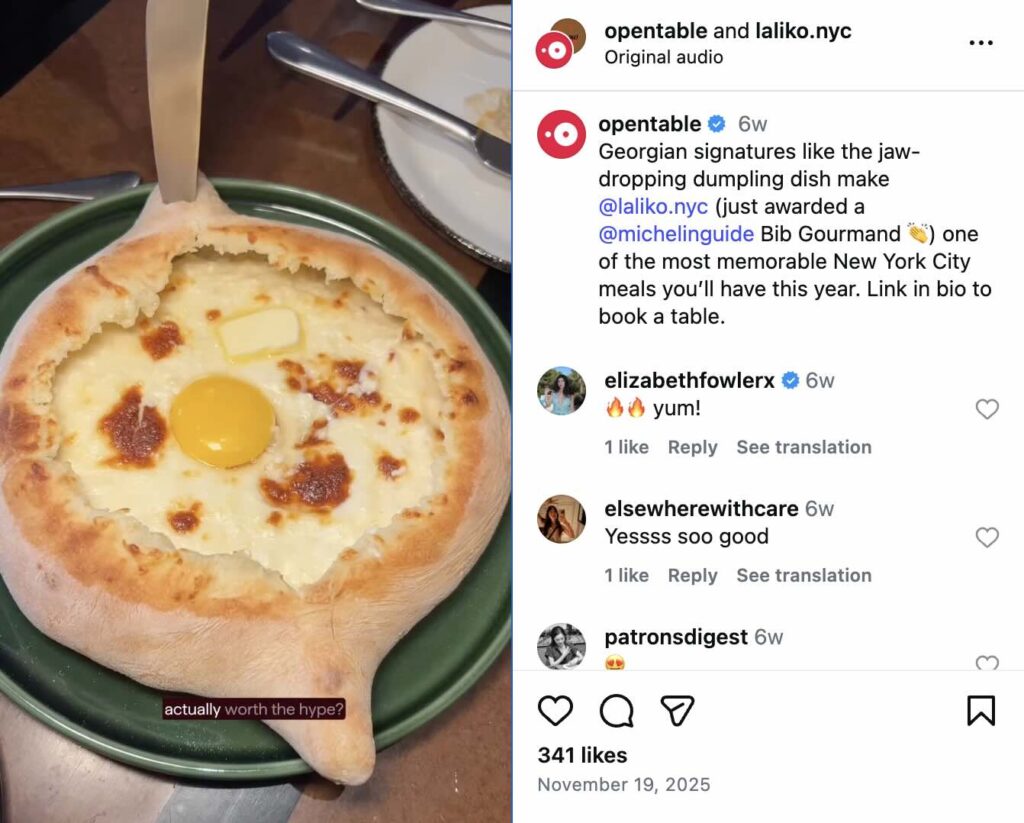 An Instagram post from OpenTable and creator Laliko.NYC about a viral restaurant spot where you can use OpenTable to make reservations