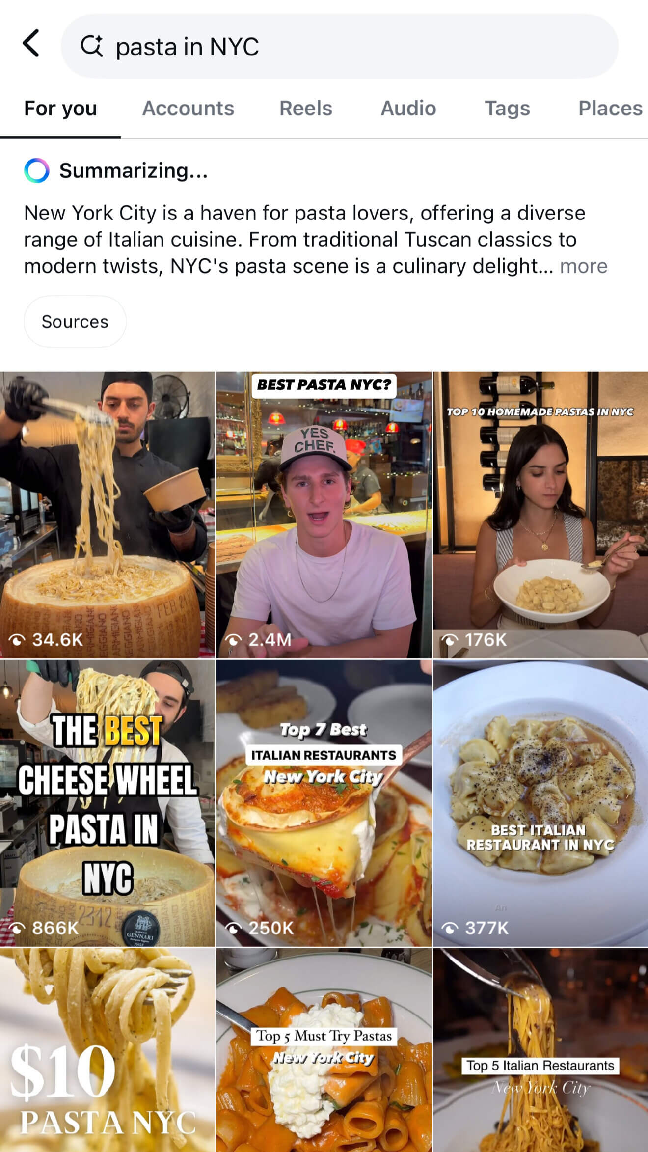 A search for “pasta in NYC” shows a cited AI summary, along with images and videos of pastas.