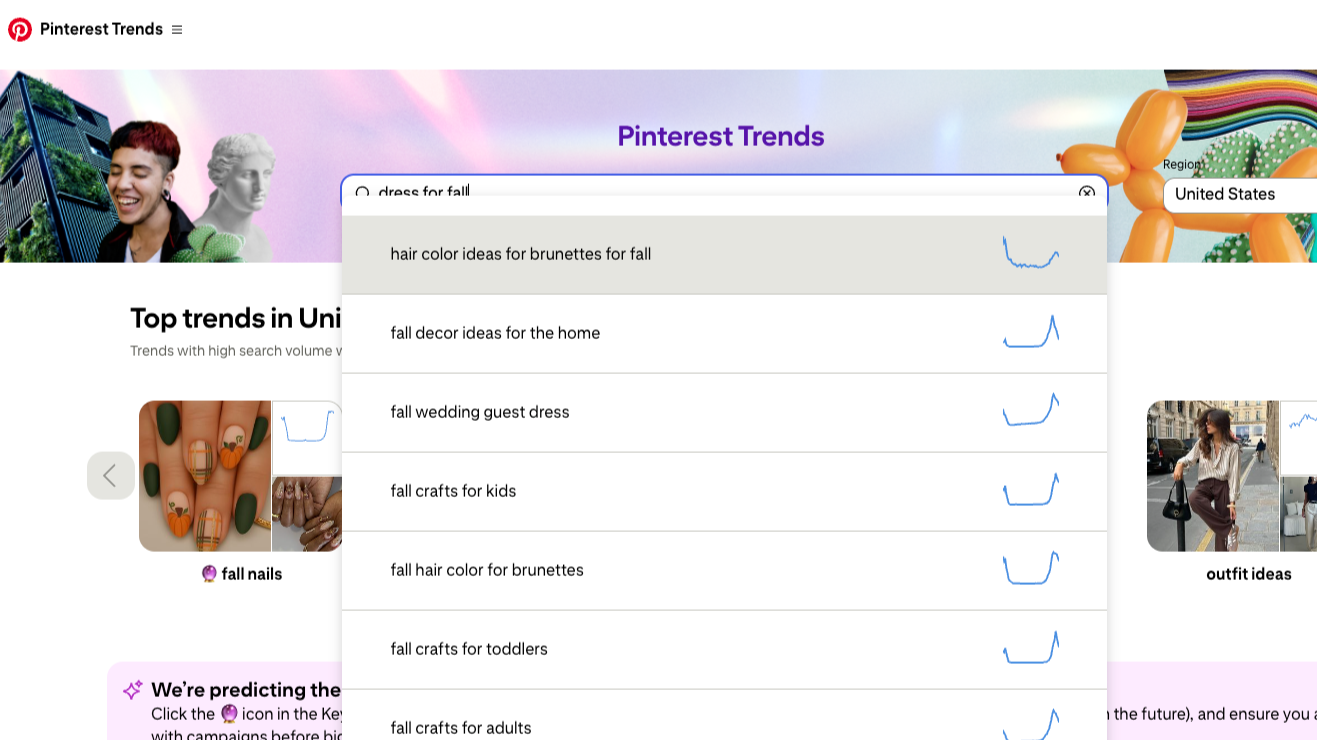 A Pinterest Trends search for “dress for fall” shows suggestions like “fall wedding guest dress.”
