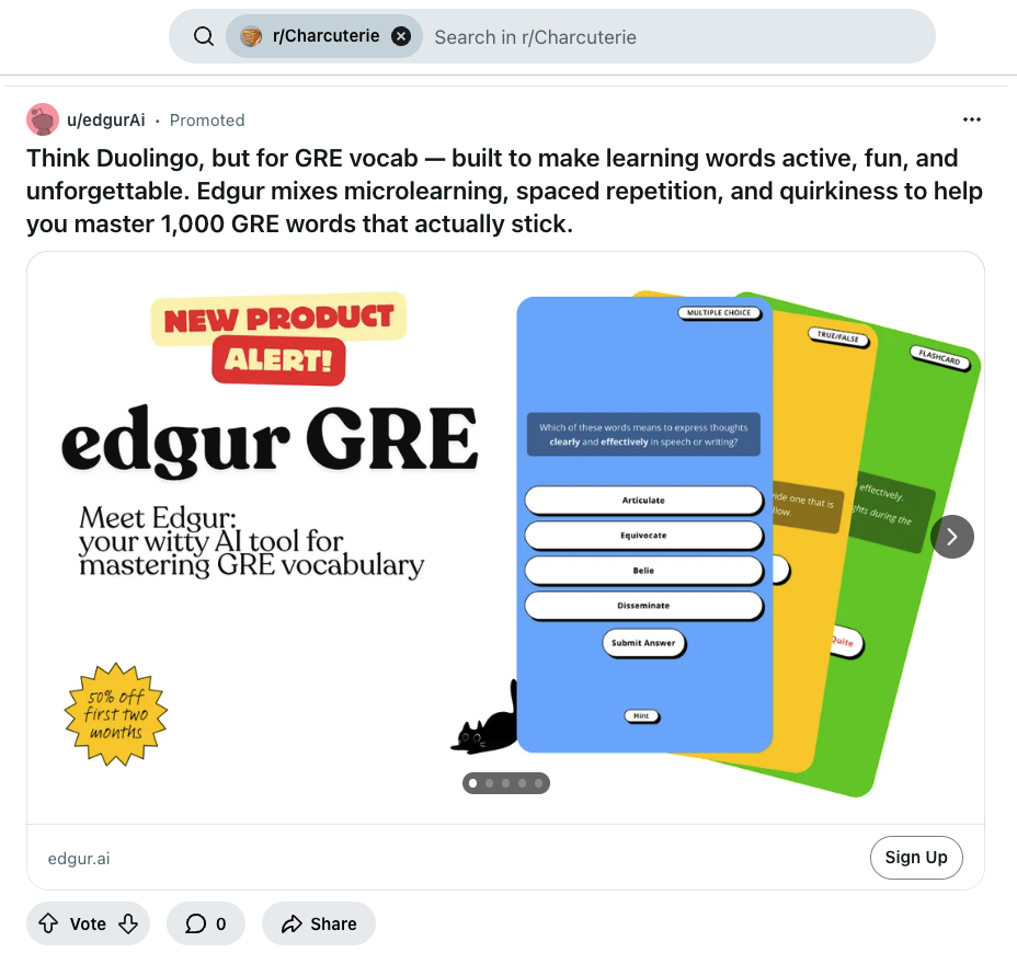 Edgur GRE promotion showing an AI-powered multiple choice lesson plan