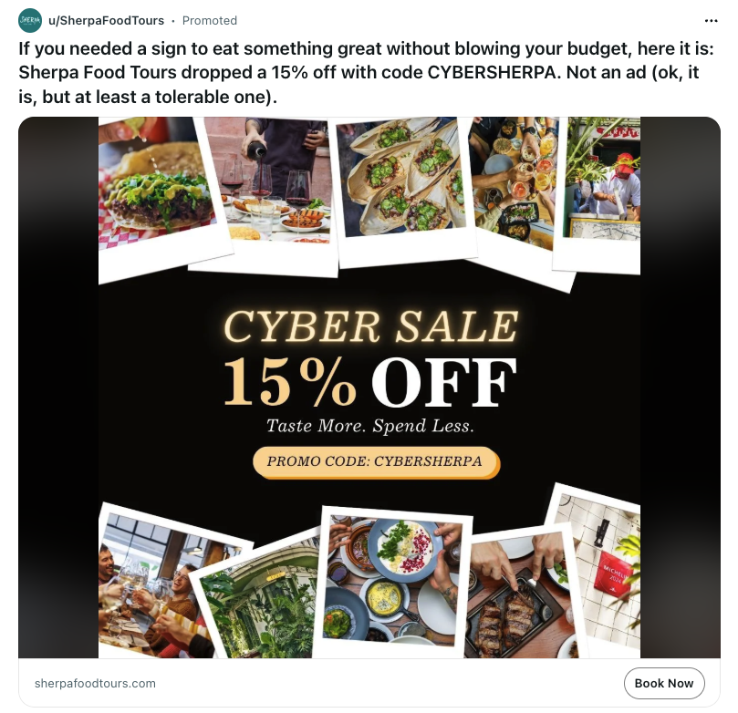 An ad for 15% off food tours with pictures of global cuisine.