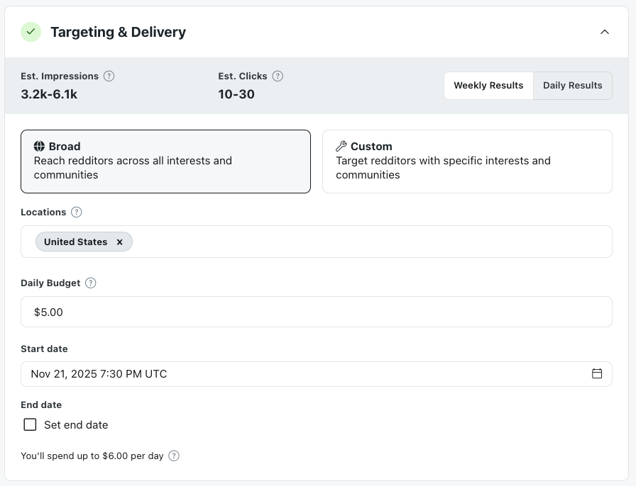 Targeting & Delivery Reddit Ads workflow showing impression goals and daily budgets