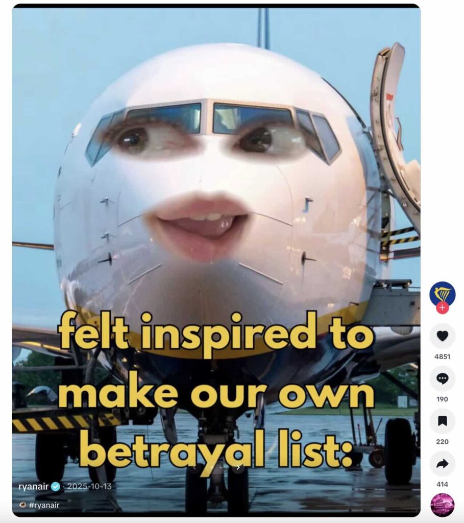 A RyanAir post about their "betrayal list"