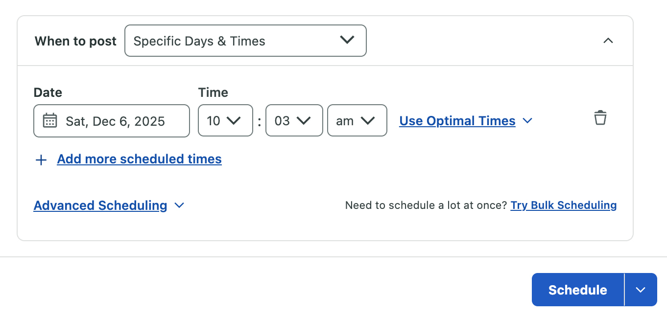 Sprout Social’s scheduling screen shows a time selector, the Optimal Send Times option and a Schedule button.