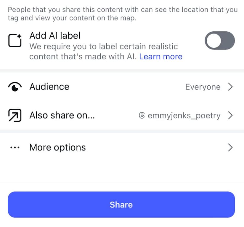 Instagram’s posting options screen shows the option to “Also share on…” 