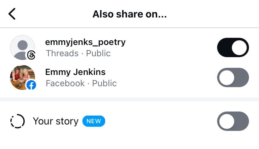 Instagram’s “Also share on” screen shows toggle options to share on Threads, Facebook and Your story. 