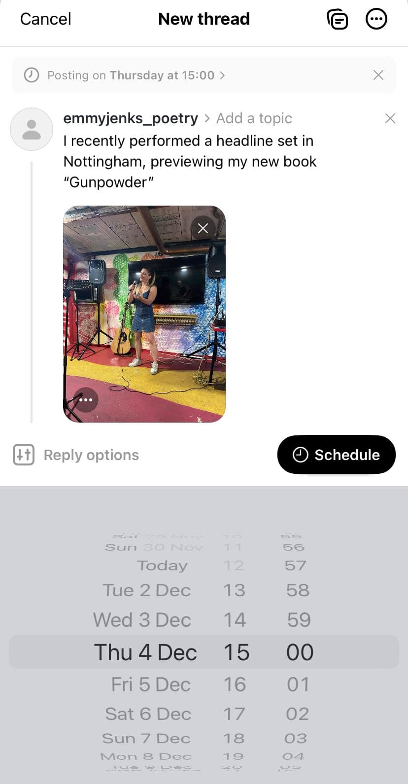 Threads’ scheduling interface shows date and time options with a button to schedule posts. 