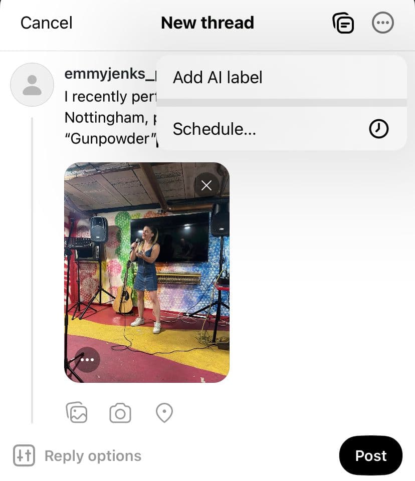 The new thread interface in Threads shows the three-dot menu dropdown with options to “Add AI Label” and “Schedule.” 