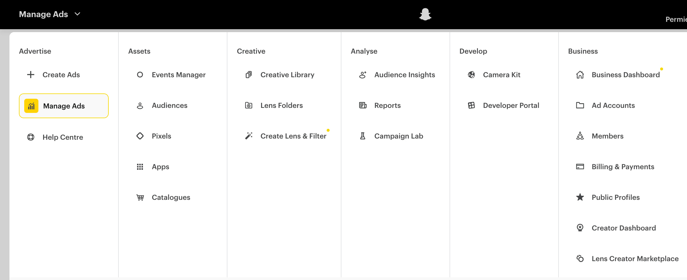 Snapchat Ads Manager showing the menu to find the “Manage Ads” view