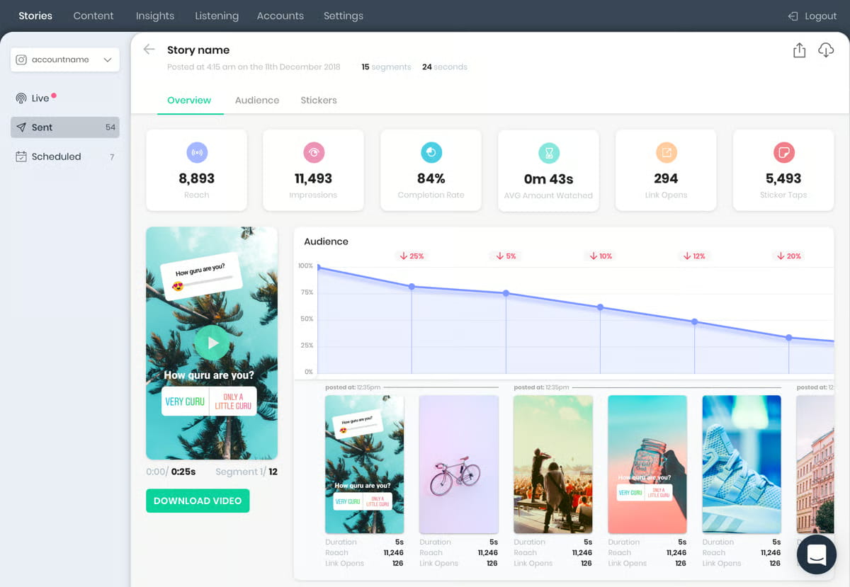 Mish Guru dashboard showing reach, impressions, completion, watch time, link opens and audience drop-off across Story segments