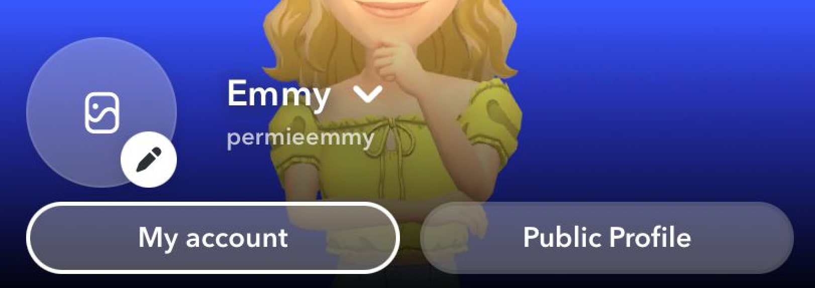 Screenshot of Snapchat profile showing “My account” and “Public Profile” buttons