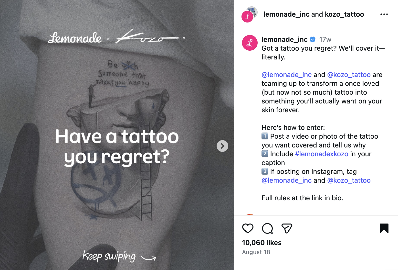 Covered by Lemonade x Kozo Tattoo Contest on Instagram