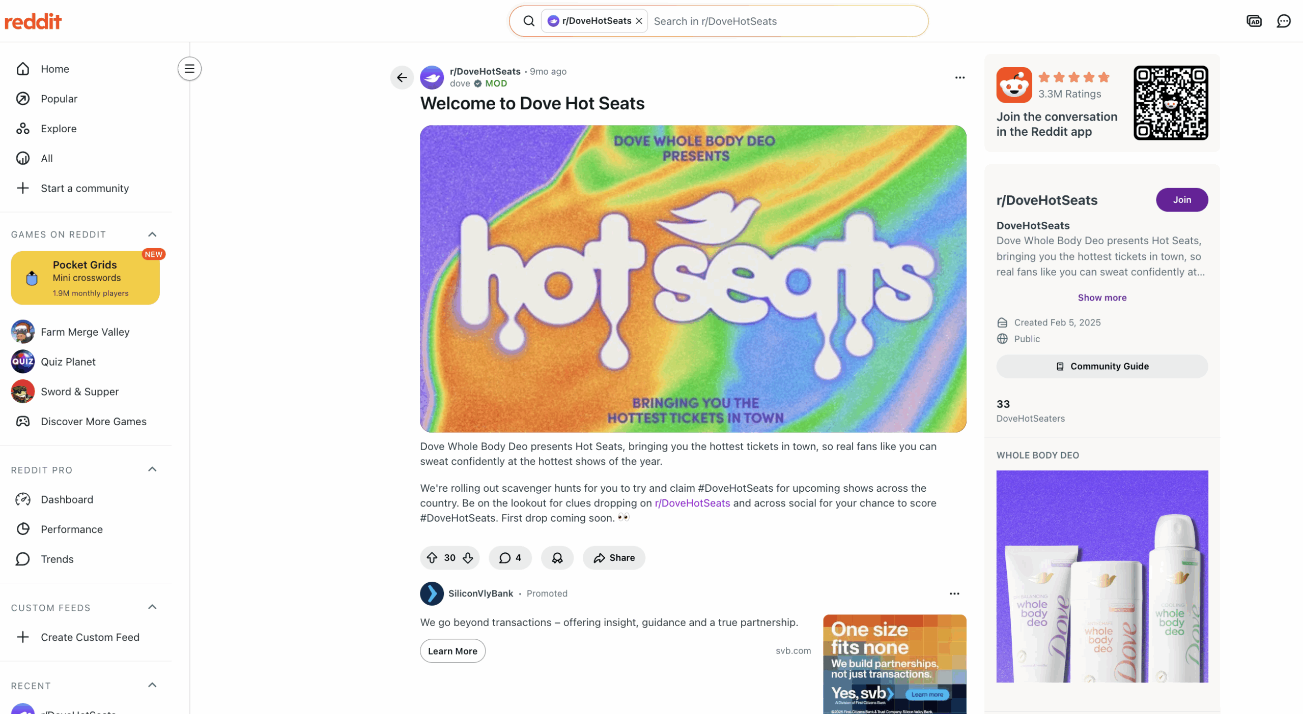 A Reddit post from Dove promoting their Hot Seats campaign.