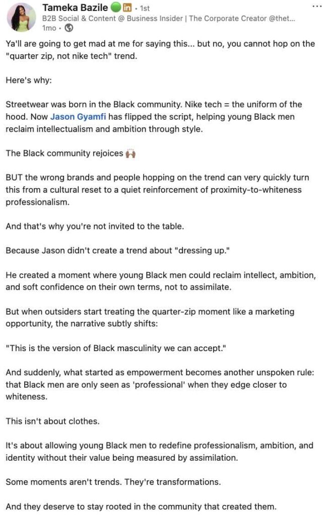 A LinkedIn post from Tameka Bazile about why brands shouldn't jump on the Nike Quarter Zip trend