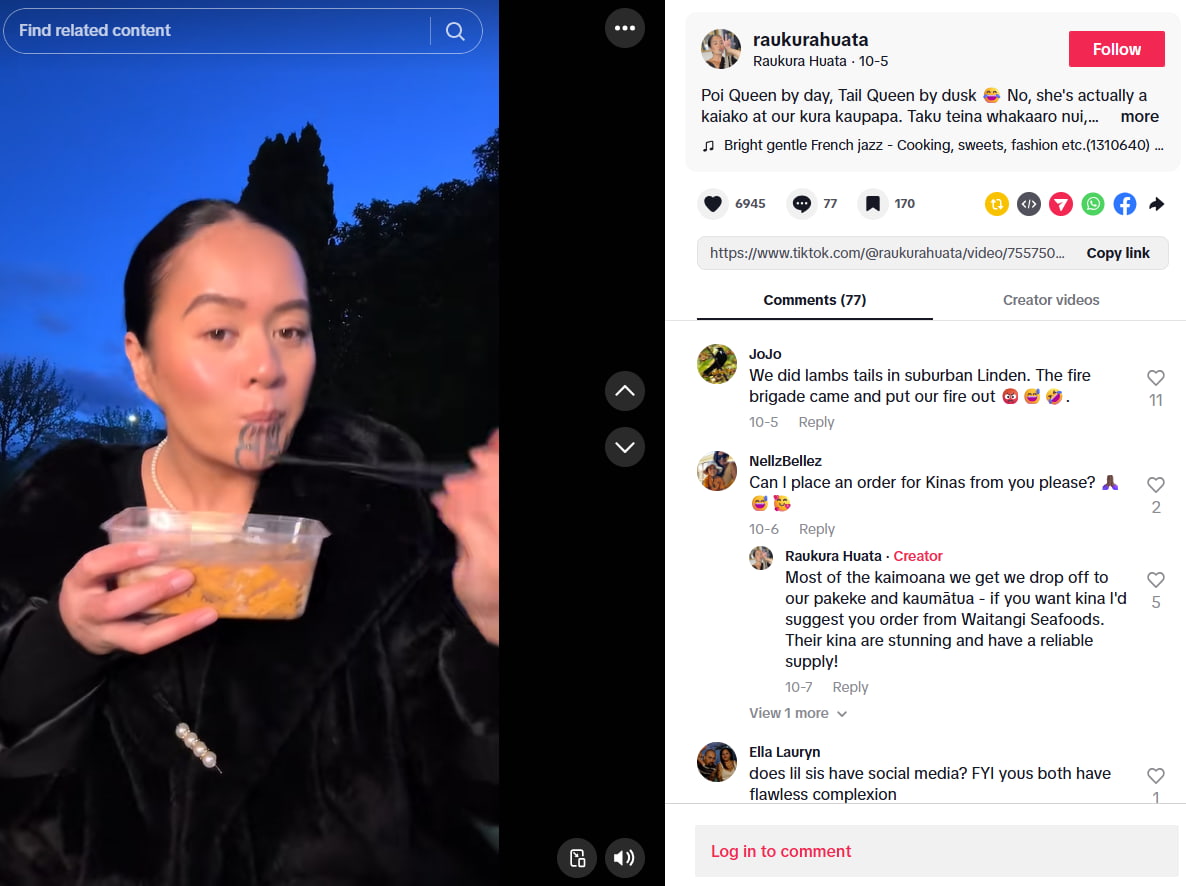 A TikTok post by New Zealand chef influencer Raukura Huata, including her recipe for an authentic Māori dish