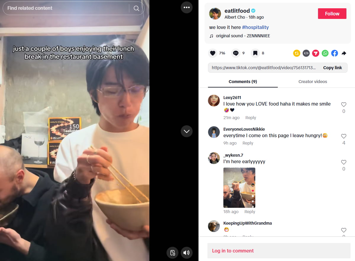 A TikTok post by New Zealand foodie influencer Albert Cho, showing a video of him enjoying an Asian restaurant