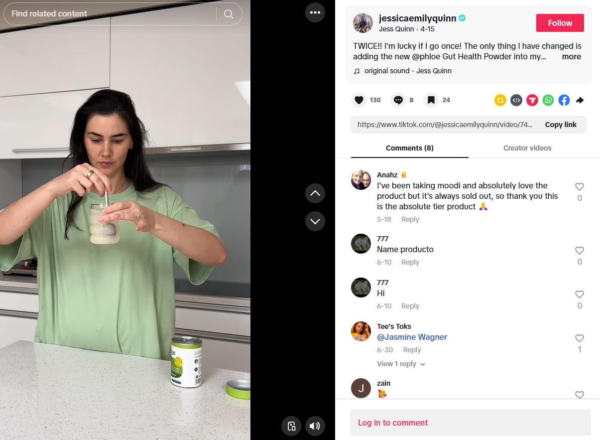 A TikTok by New Zealand health and wellness influencer Jess Quinn, who shares a gut health smoothie with her followers