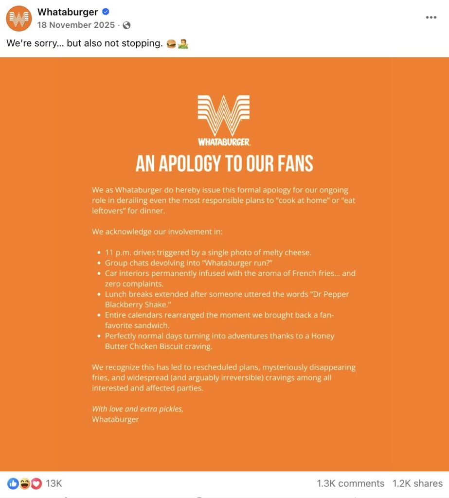 A Whataburger Facebook post offering a tongue-in-cheek apology to its customers, with the list including late-night drives prompted by seeing melty cheese