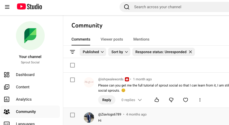 Community dashboard showing comments, mentions and viewer posts