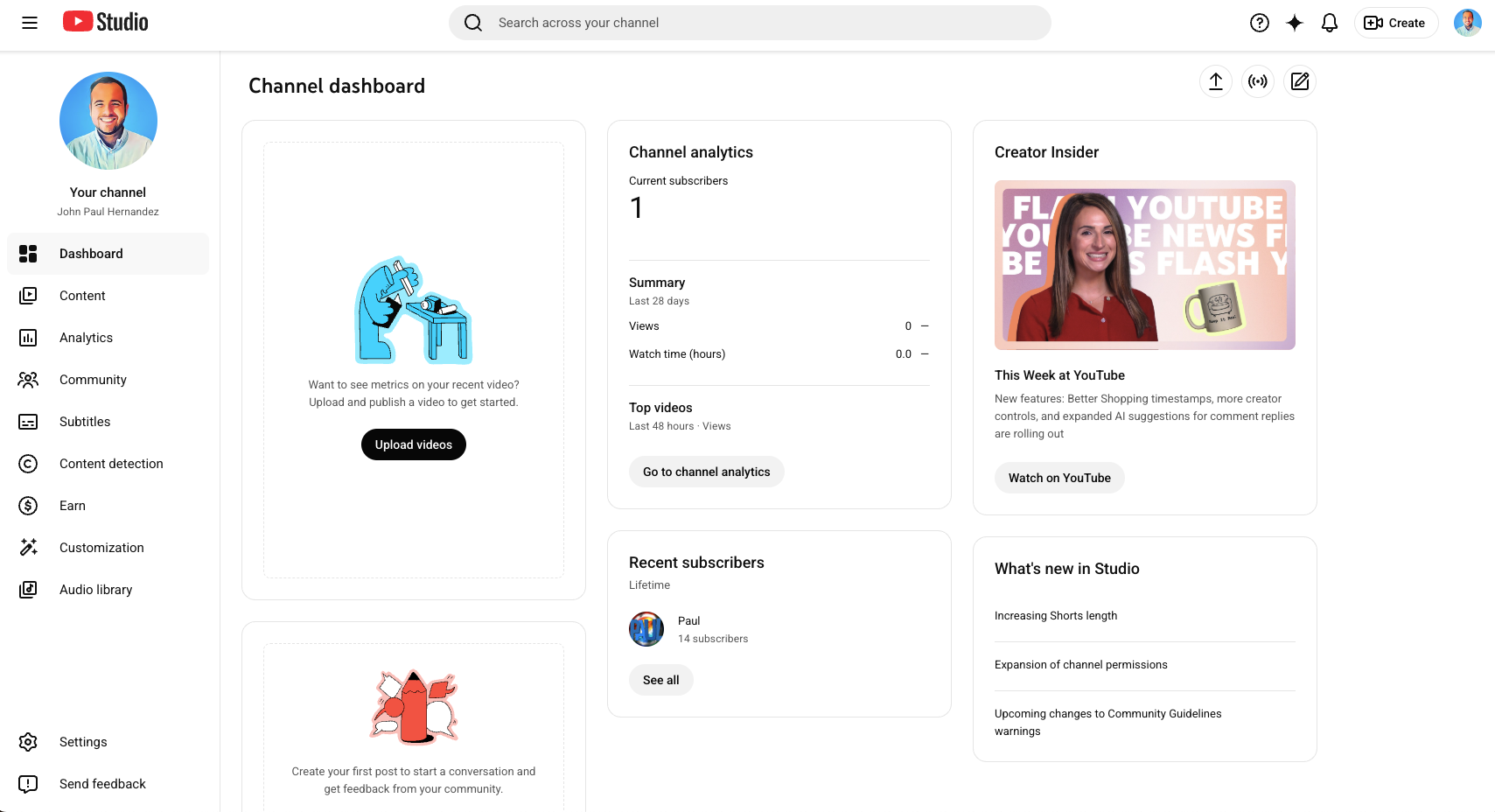 Channel dashboard showing analytics, a summary, top videos and subscribers