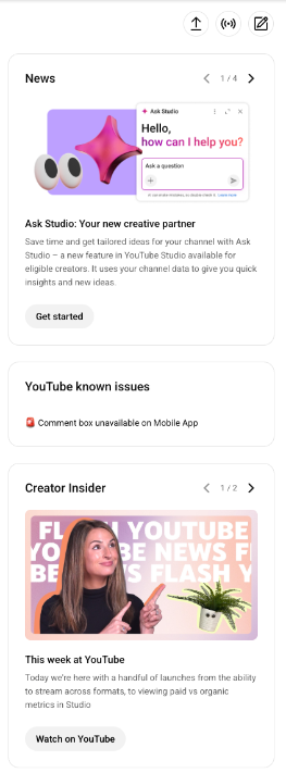 Creator Insider, Ask Studio and other news items in the dashboard 