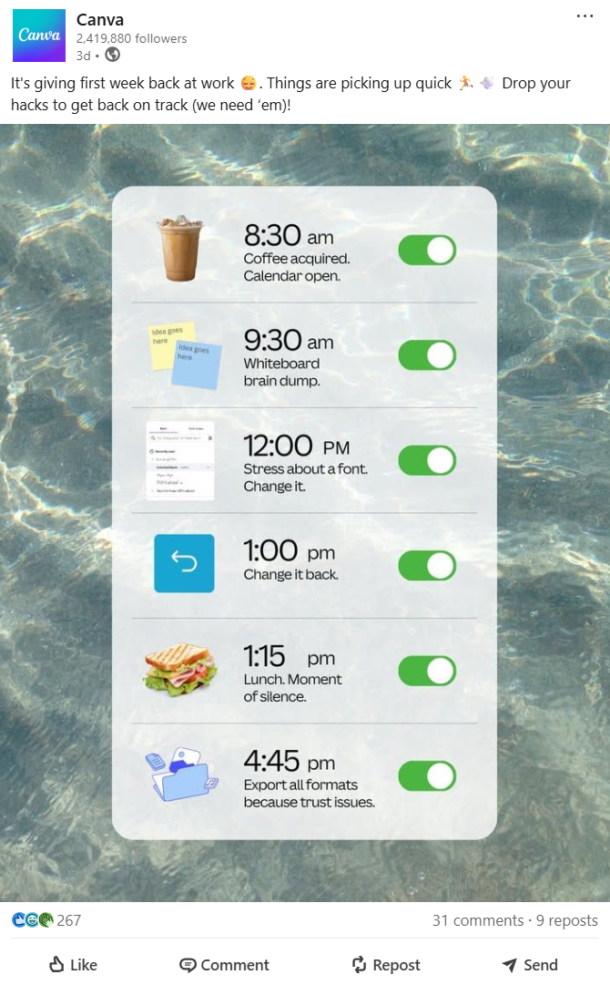 A LinkedIn post from Canva breaking down the first week back at work post-holidays.