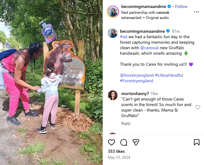 A sponsored post on @becomingmamaandme’s Instagram page promoting CarexUK (Source: Instagram)