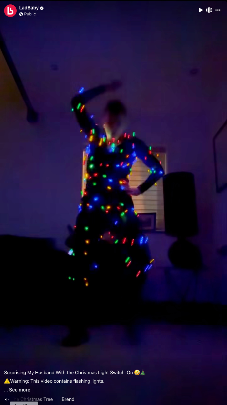 A Facebook Reel featuring Roxanne Hoyle of Ladbaby dancing with the lights off while wearing a string of Christmas lights