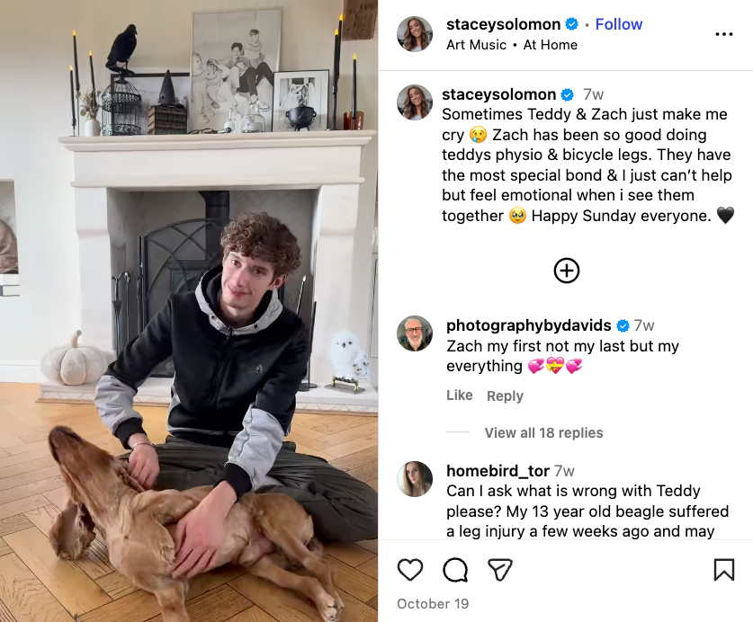 A family post on Stacey Solomon’s Instagram page about her son, Zach, and the family dog, Teddy (Source: Instagram)