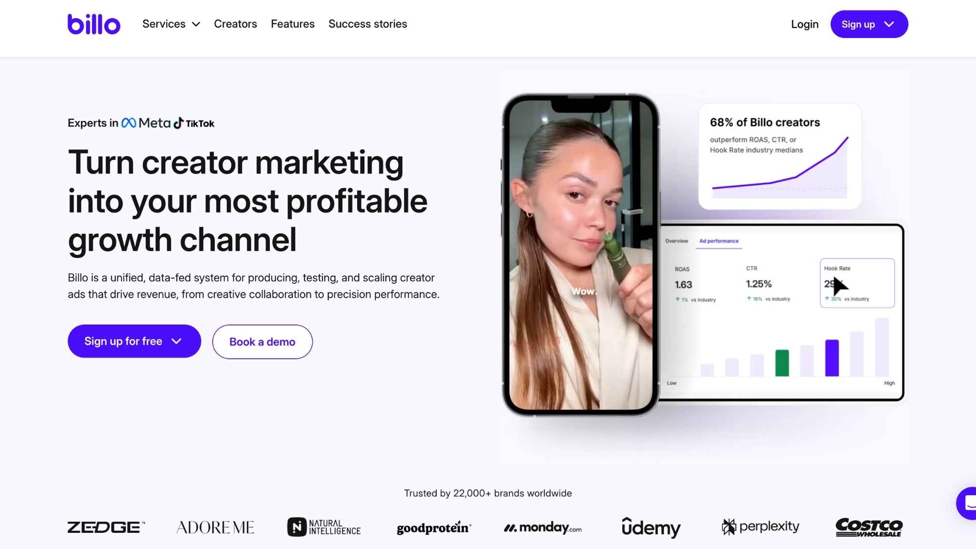 Billo’s homepage showcases its creator marketing tools and performance charts