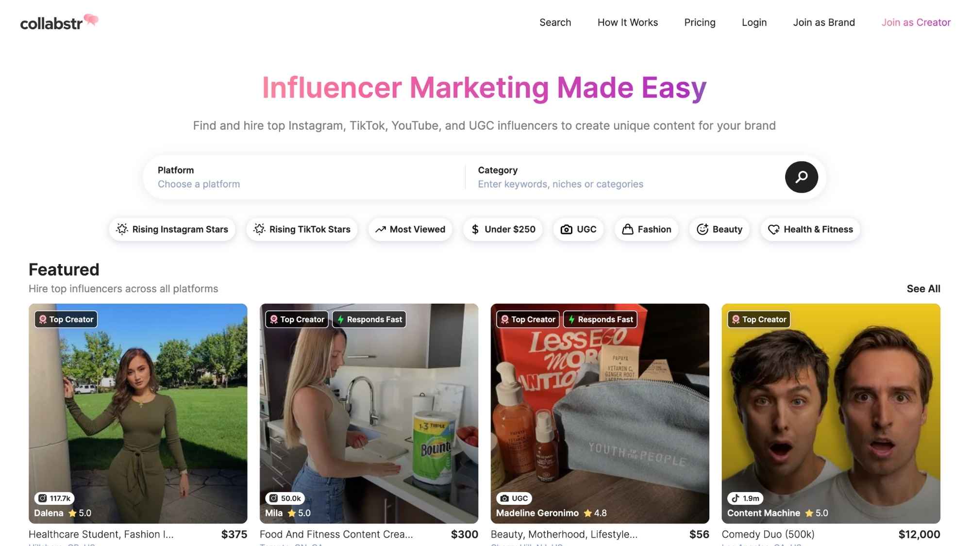  Collabstr’s homepage displays influencer categories and featured creators who are available for hire across platforms