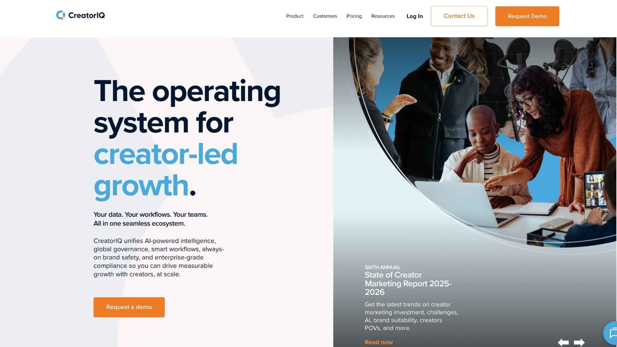CreatorIQ’s homepage promotes its creator-led growth platform and shows a team looking at a laptop and collaborating 