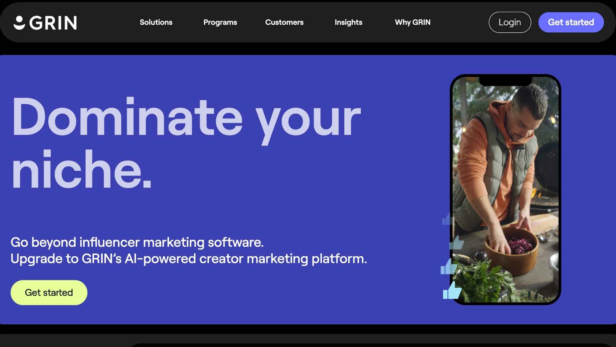GRIN’s homepage features its creator marketing tools, along with a video of a creator cooking 