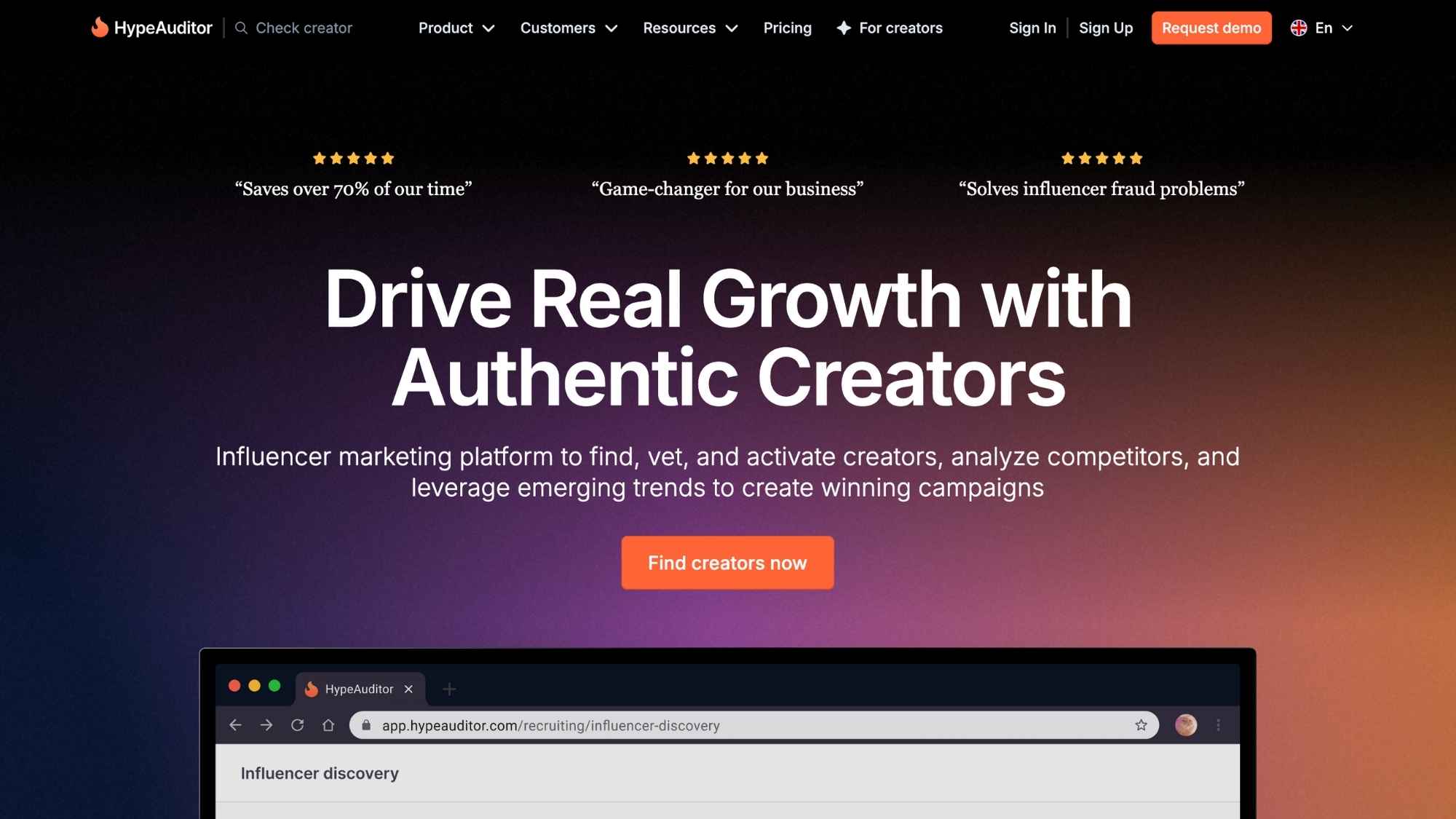 HypeAudtor’s homepage promotes its influencer marketing platform with real growth and authentic creators