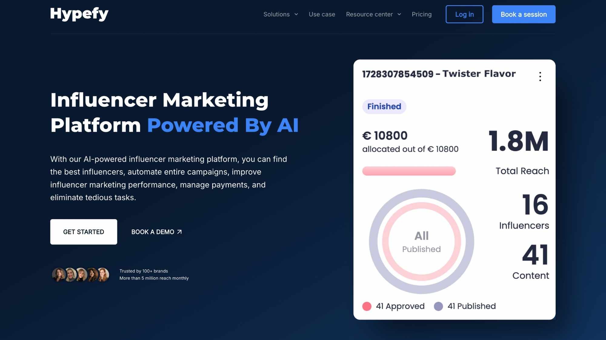 Hypefy’s homepage promotes its AI-powered influencer marketing platform, campaign metrics and reach data