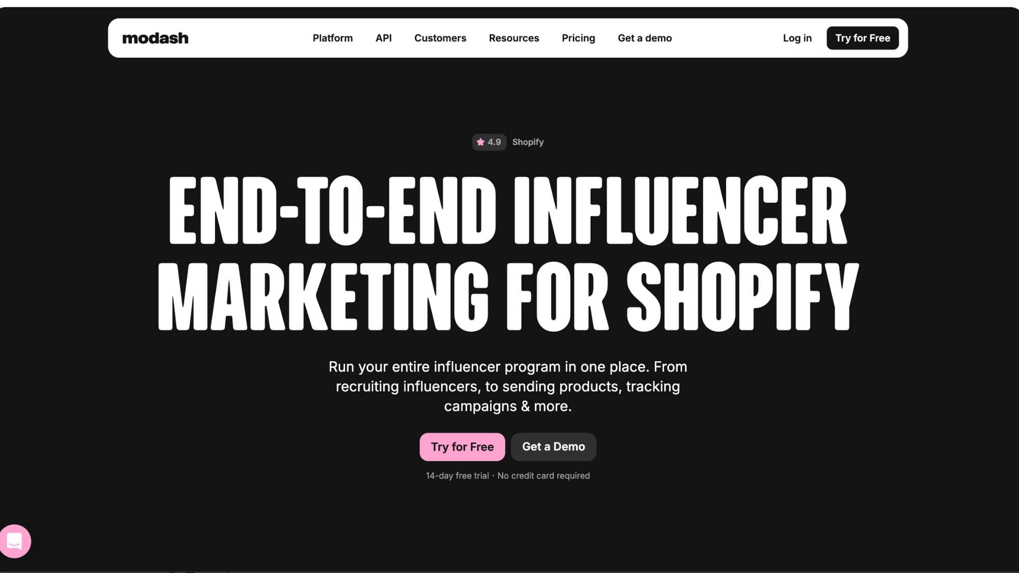 Modash’s homepage shows its end-to-end influencer marketing platform for Shopify, with CTA buttons to try or book a demo