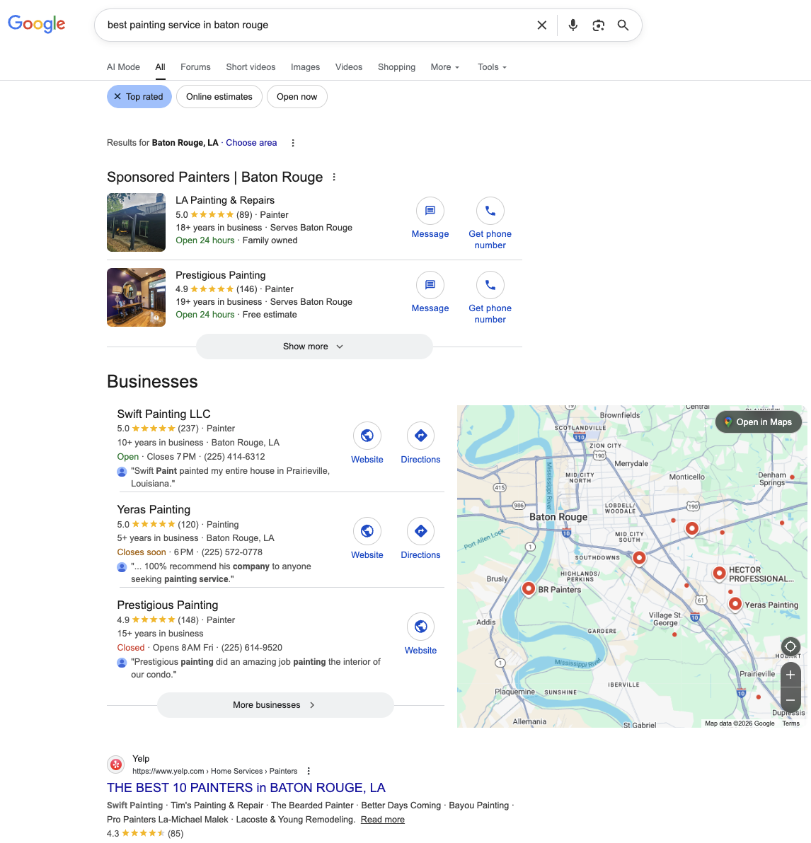 A query for “best painting service in baton rouge” shows local ads, a map and an organic result for a business